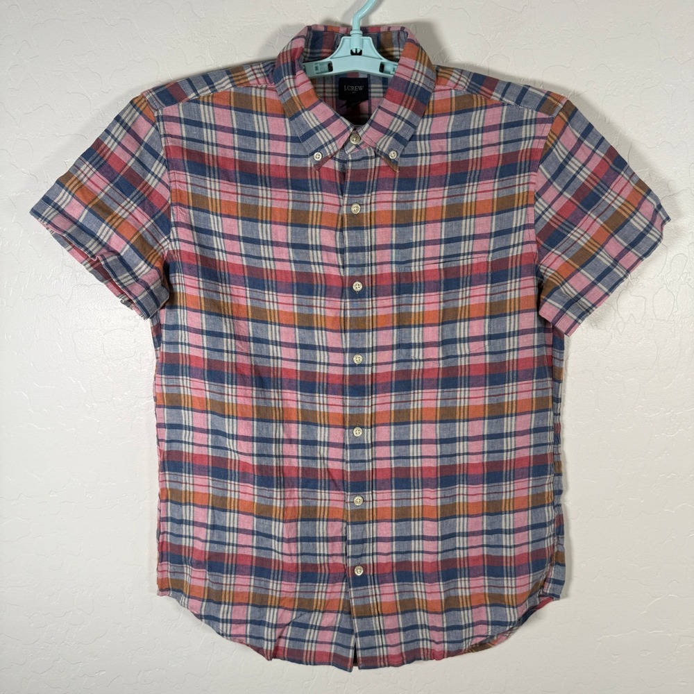 J.Crew Shirt‎ Medium Pink Plaid Linen Cotton Slim Fit Shirt Button Down Casual